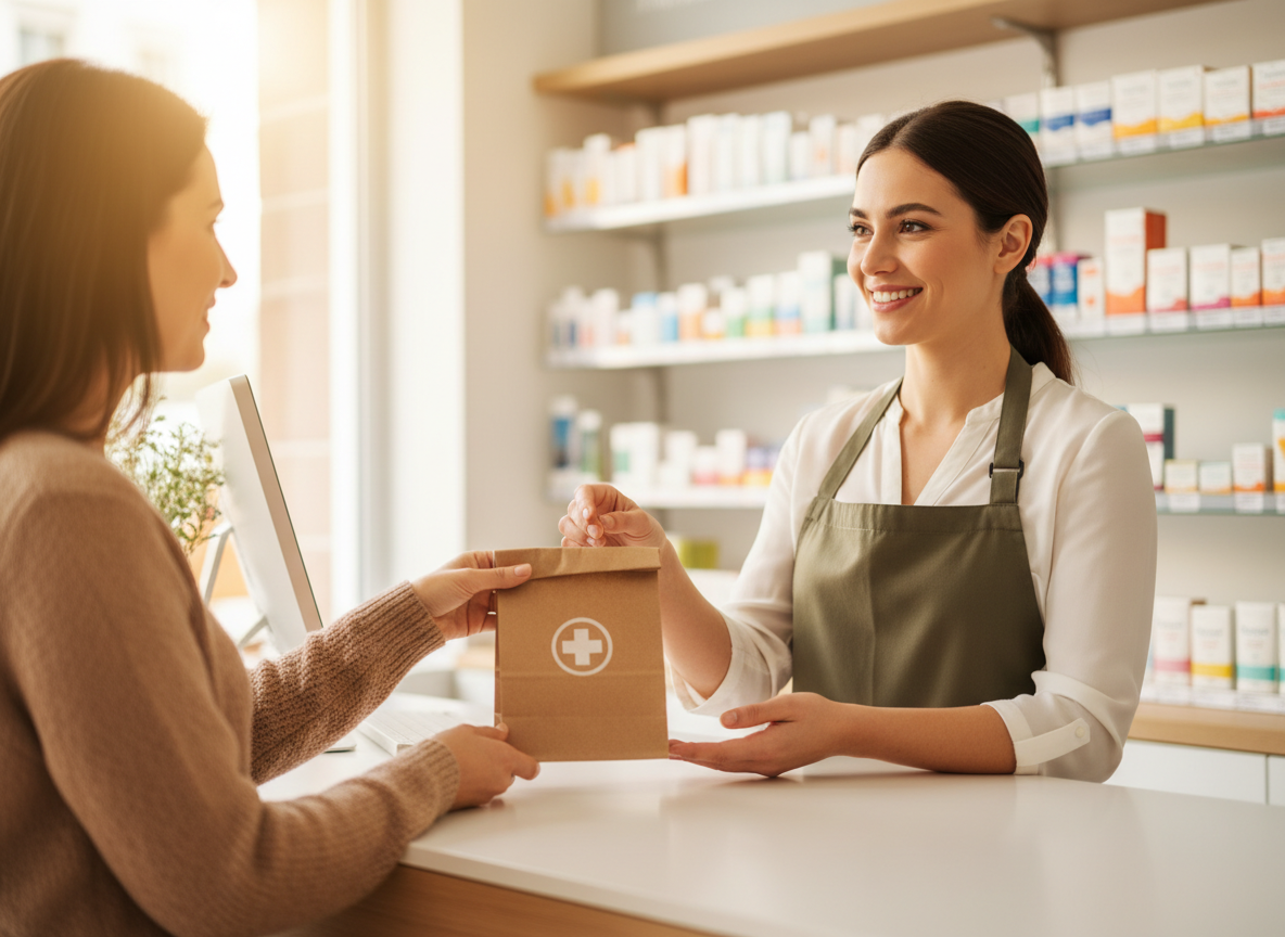 Olive Pharmacy pharmacist handing an order to a customer