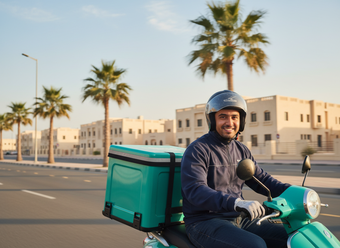 Olive Pharmacy delivery rider on a scooter in Ajman