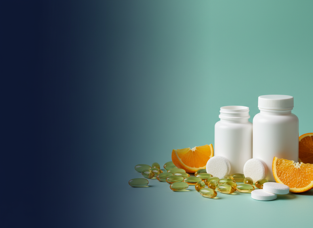 Vitamin bottles, capsules and orange slices