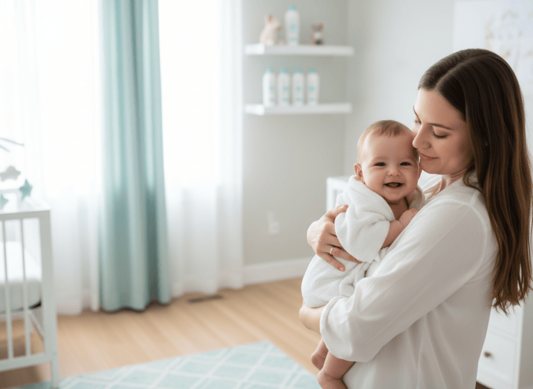 Mother holding her smiling baby